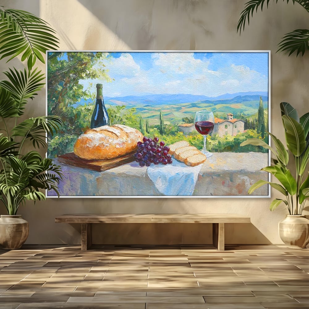 Tablou canvas cu tablou canvas cu natura moarta si peisaj toscan, in rama de aluminiu argintiu